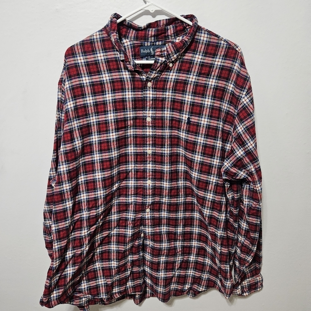 Vtg Polo Ralph Lauren Long Sleeve Flannel Shirt Size 2XL Red Blue Tartan Plaid